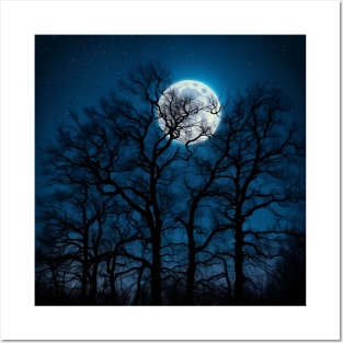 Glowing Moon, Bare Winter Trees, Star-filled Sky Posters and Art